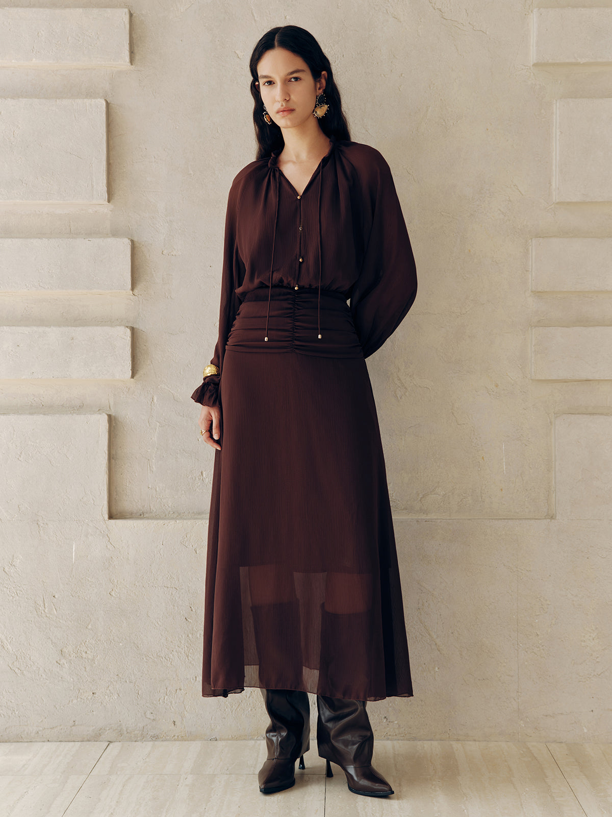 Tie-Neck Ruched Chiffon Maxi Dress
