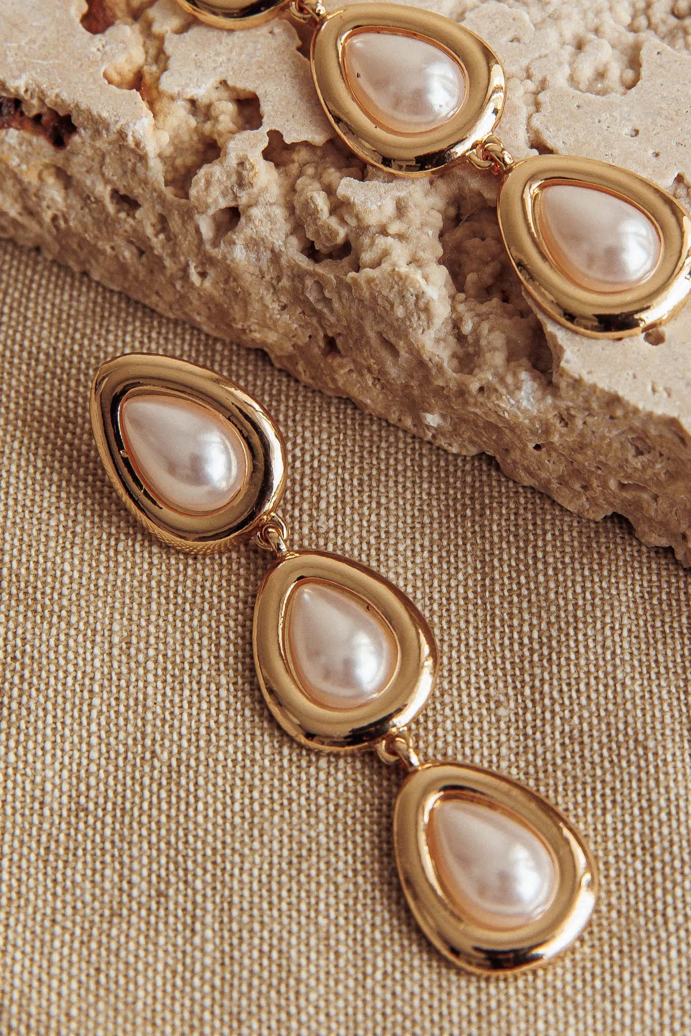 Marion Triple Droplet Earrings Gold Pearl