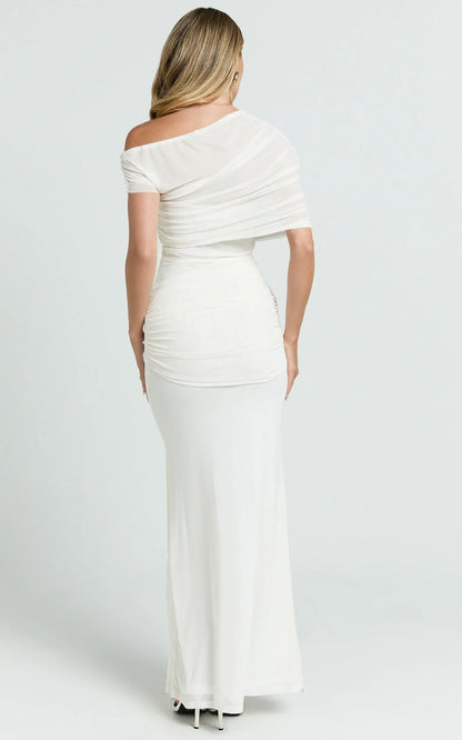 Nicolette Maxi Dress - Cape Sleeve Off Shoulder Dress in Cream