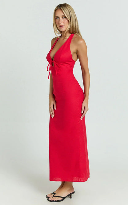 Lyla Midi Dress - Tie Front Plunge Halter Linen Blend Dress in Red