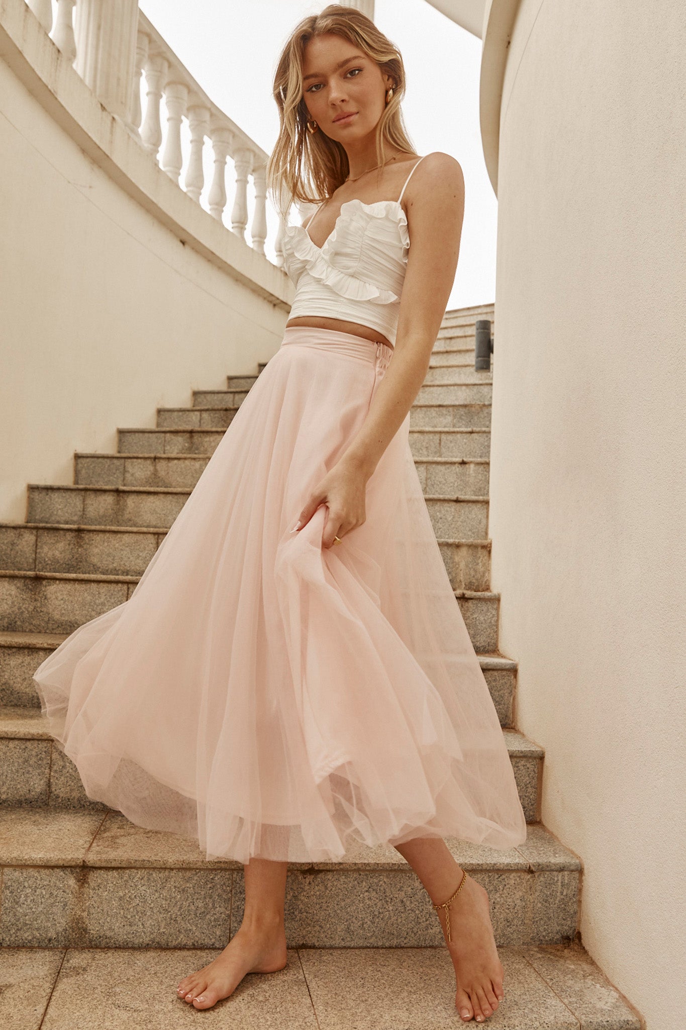 Jasmine Organza Mesh Elasticated Waist Midi Skirt Baby Pink