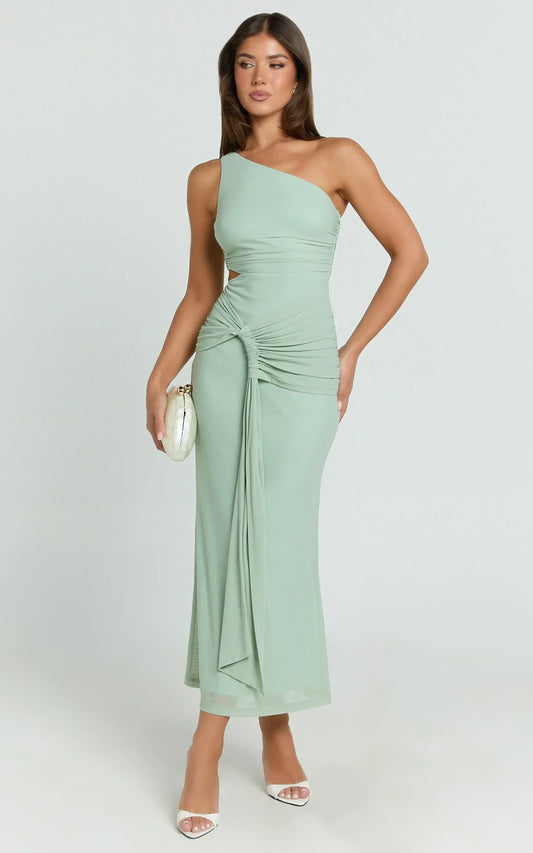 Mandy Midi Dress - Knot Detail Cut Out Mesh Dress in Sage