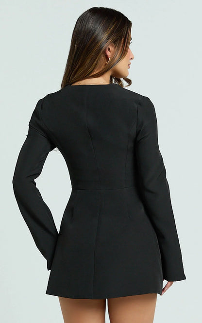 Lausanne Mini Dress - Sweetheart Neck Long Sleeve Zip Front Tulip Dress in Black