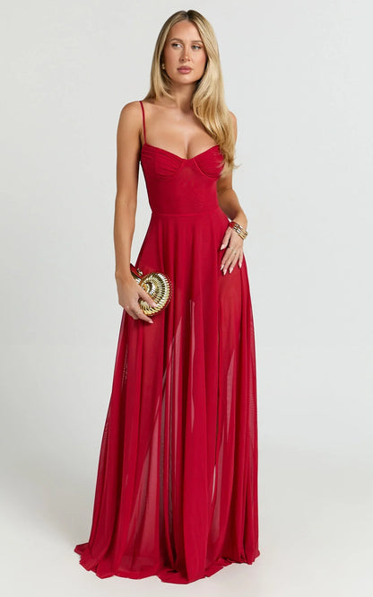 Kreanna Maxi Dress - Adjustable Strap Ruched Bodice Fit And Flare Dress in Red