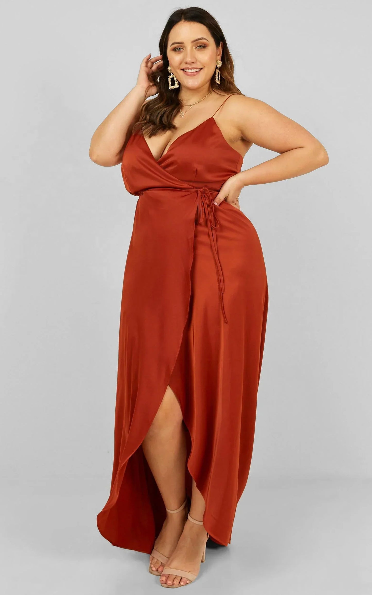 Mine Would Be You Midi Dress - Wrap Dress in Copper Satin