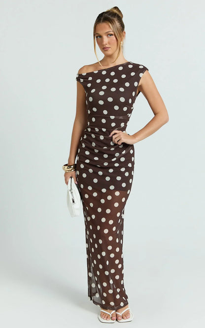 Lia Maxi Dress - Off Shoulder Slip Dress in Chocolate White Spot