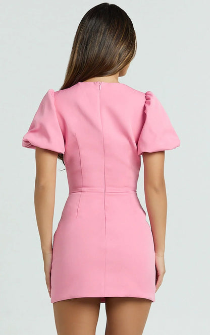 Lalisa Mini Dress - Puff Sleeve Starfish Plunge Neck Dress in Pink