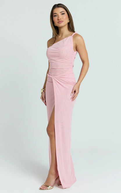 Nicolette Maxi Dress - One Shoulder Faux Wrap Bodycon Dress in Blush