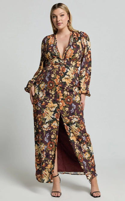 Lorelei Maxi Dress - V Neck Balloon Sleeve Dress in Indulgent Bloom