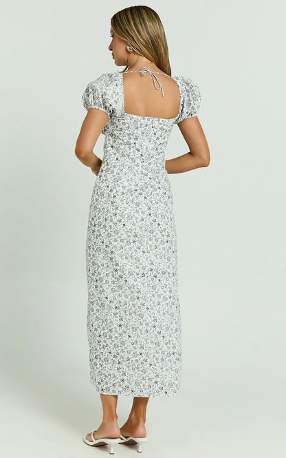 Leila Midi Dress - Puff Sleeve High Split Dress in White/Blue