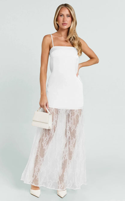 Loren Maxi Dress - Square Neck Contrast Skirt Dress in White