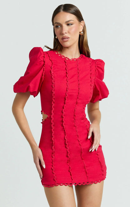 Laila Mini Linen Blend Dress - High Neck Side Cut Out Puff Sleeve Straight Dress in Red