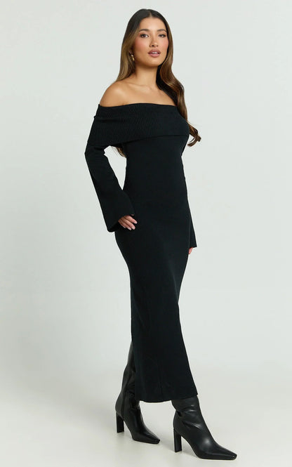 Maisie Midi Dress - Off Shoulder Long Sleeve Fitted Column Knit Dress in Black