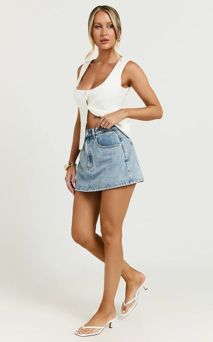 Nalfie Top - Linen Wide Scoop Neck Fitted Vest Top in White