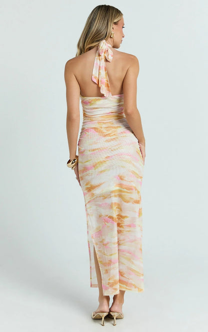 Nessa Midi Dress - Halterneck Ruched Fitted Shell Trim Fitted Mesh Print Dress in Ocean Foam Print