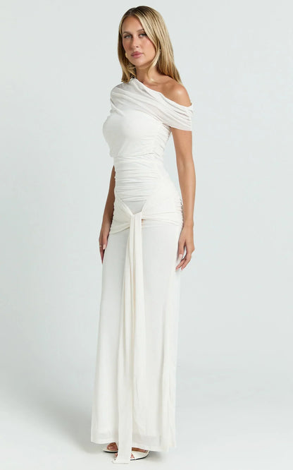 Nicolette Maxi Dress - Cape Sleeve Off Shoulder Dress in Cream