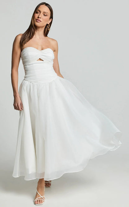 Madalyn Midi Dress - Strapless Sweetheart Bustier Dress in White