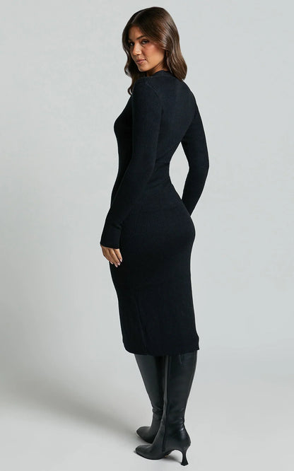 Leahanna Midi Dress - Button Front Knit Dress in Black