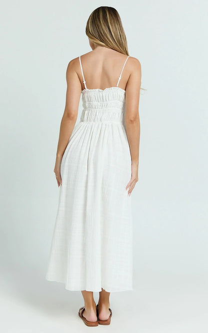 Lucienne Midi Dress - Ruched Button Up Front Dress in White