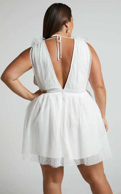 Mariabella Mini Dress - Tulle Plunge Dress in White