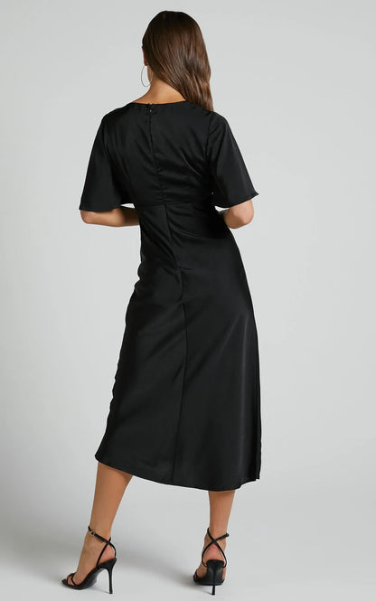 Nicholla Midi Dress - Ruched Front Angel Sleeve Slip Dress in Black
