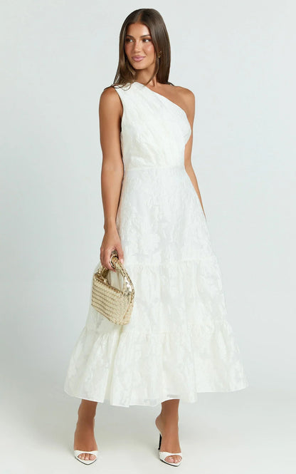 Nadette Midi Dress - One Shoulder Pleated Tiered Dress in White