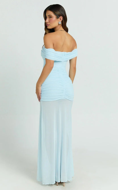 Leticia Maxi Dress - Mesh Off Shoulder Ruched High Split Dress in Blue