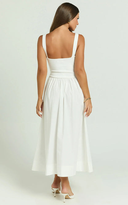 Murphy Midi Dress - Scoop Neck Straight Drop Waist Gathered Skirt Knit And Poplin Dress in White