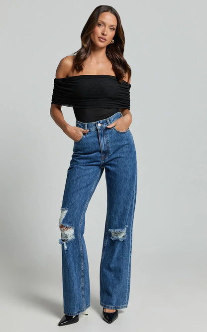 Miho Jeans - High Waisted Recycled Cotton Distressed Straight Leg Denim Jeans in Dark Blue Wash