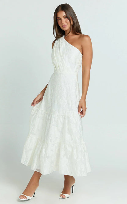 Nadette Midi Dress - One Shoulder Pleated Tiered Dress in White