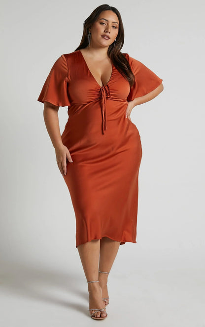 Nicholla Midi Dress - Ruched Front Angel Sleeve Slip Dress in Copper