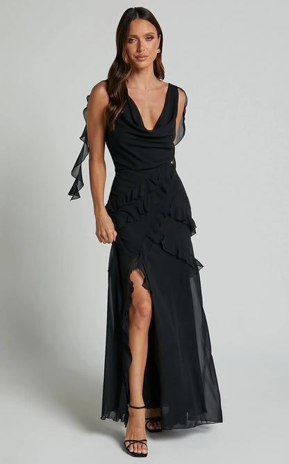 Lowen Maxi Skirt - High Waist Frill Thigh Split Skirt in Black