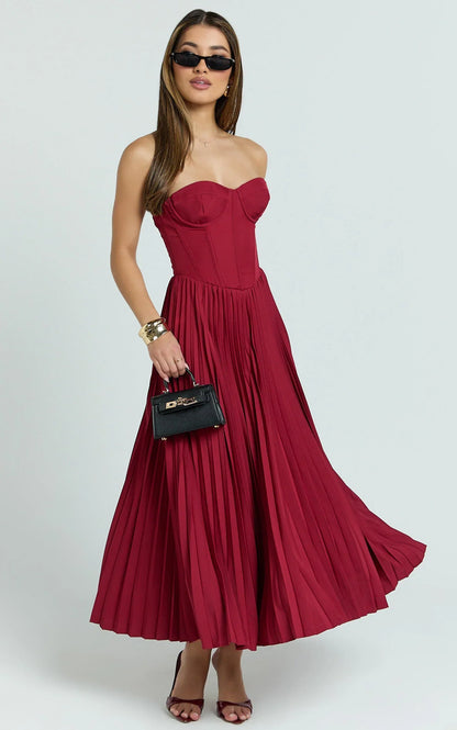 Loretta Midi Dress - Lace Up Back Bustier Pleated Dress in Wine