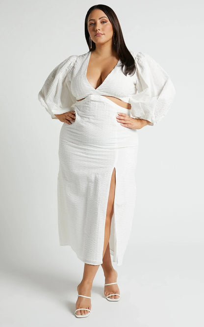 Miggy Midi Dress - Puff Sleeve Cut Out Split Dress in White