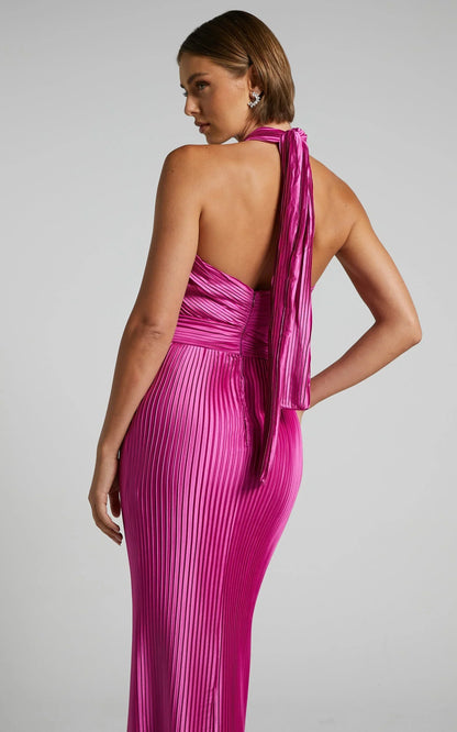 Marlette Midi Dress - Pleated Open Back Halter Dress in Grape