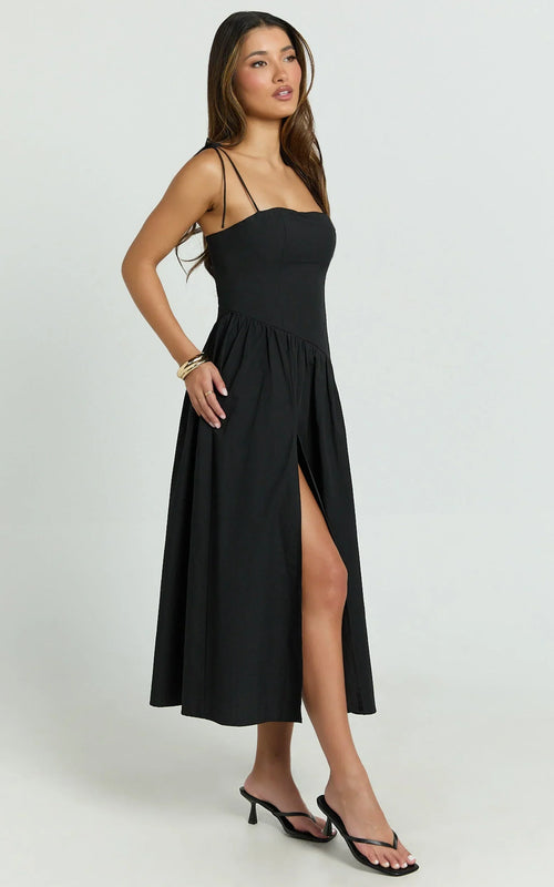 Myrtle Midi Dress - Straight Neck Curved Drop Waist Gathered Full Skirt Dress in Black