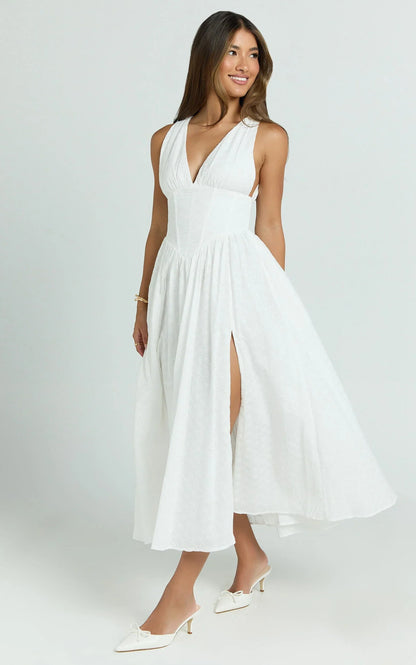 Lainey Midi Dress - Embroidered V Neck Corset Drop Waist Fit And Flare Dress in White