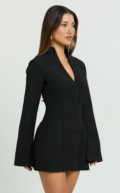 Layton Mini Dress - V Neck Long Sleeve Button Front Tulip Skirt Dress in Black