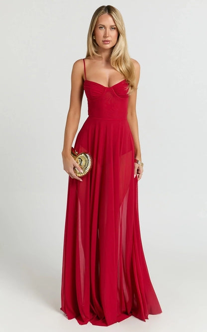 Kreanna Maxi Dress - Adjustable Strap Ruched Bodice Fit And Flare Dress in Red
