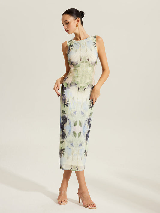 Floral Print Sleeveless Mesh Dress