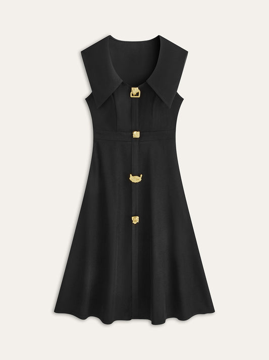 Wide Collar Button-Down Pleated Dress