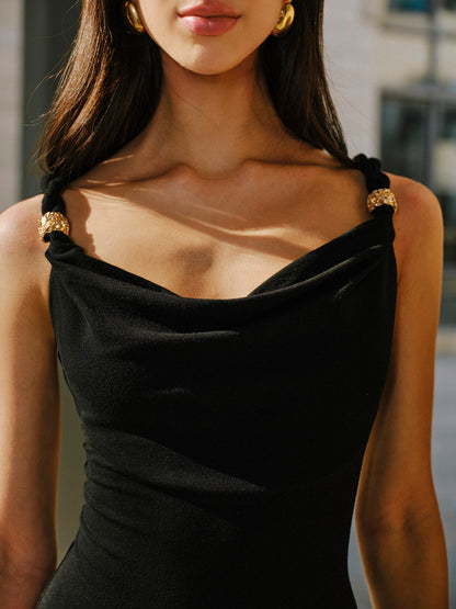 Linen & Cotton Panel Cowl Neck Metal Detail Sleeveless Dress
