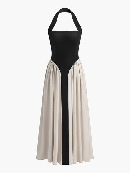 Color Block Halter Neck Linen Blend Dress