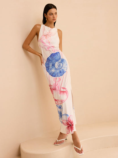 Semi-Sheer Ocean Print Maxi Dress with Slit