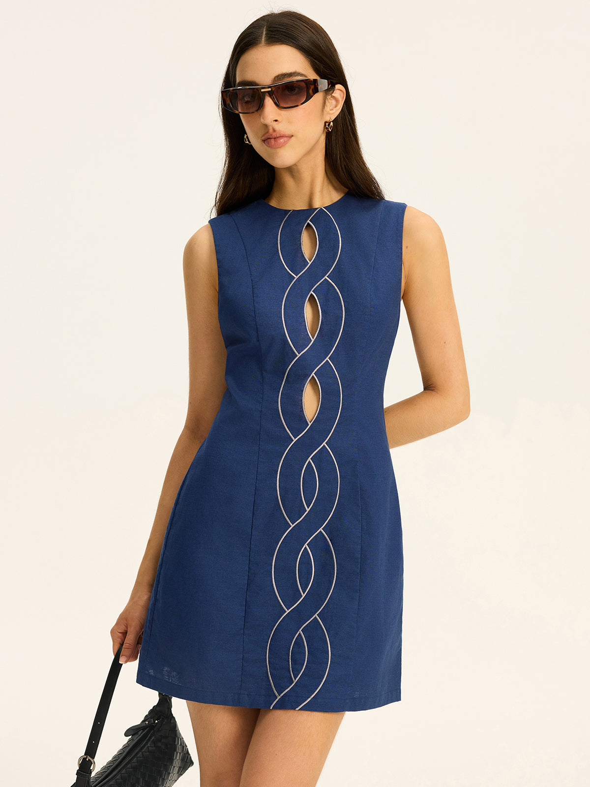 Linen & Cotton Cut-Out Contrast-Stitch Mini Dress