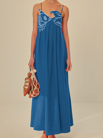 Embroidered Fish Semi-Sheer Cami Dress