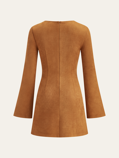 Asymmetrical Ruched Long Sleeve Suede Effect Mini Dress
