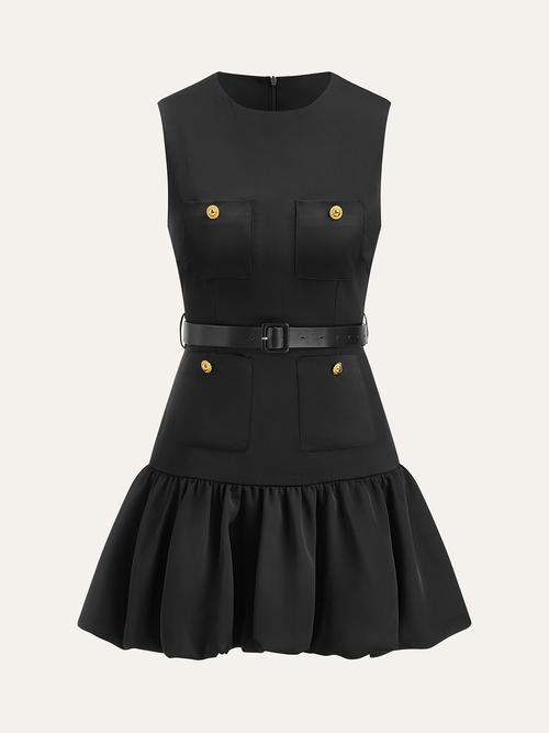 Ruffled Hem Metal Button Mini Dress Without Belt