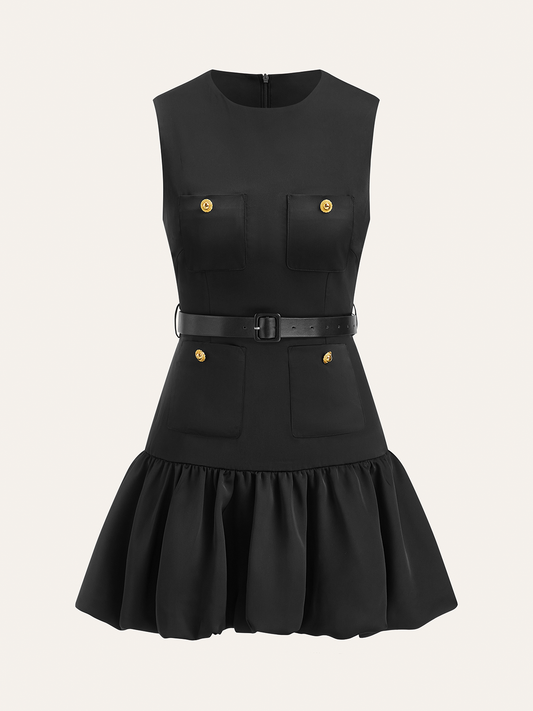 Ruffled Hem Metal Button Mini Dress Without Belt