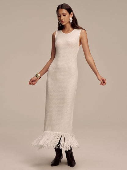 Fringe Hem Sleeveless Knit Maxi Dress